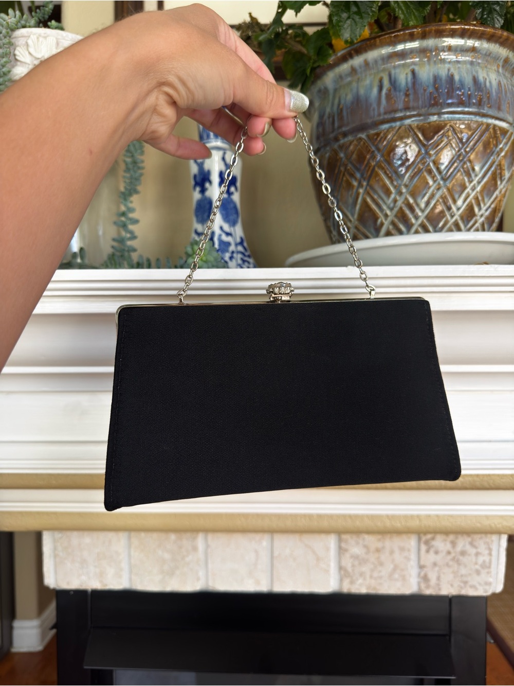 Vintage Black Evening Clutch Bag with Rhinestone Rose Closure